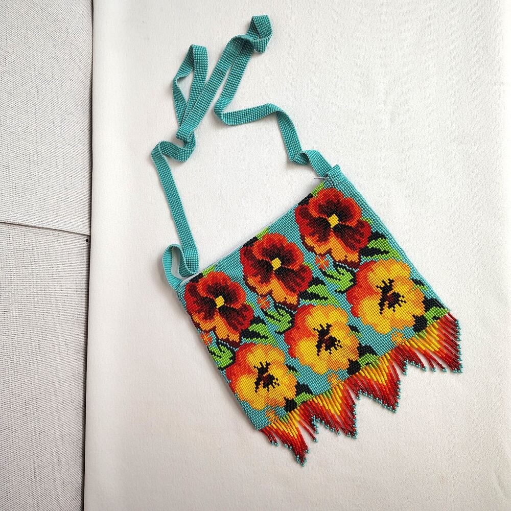 Beaded Floral Crossbody Bag Turquoise Fringe Boho Western Festival Purse